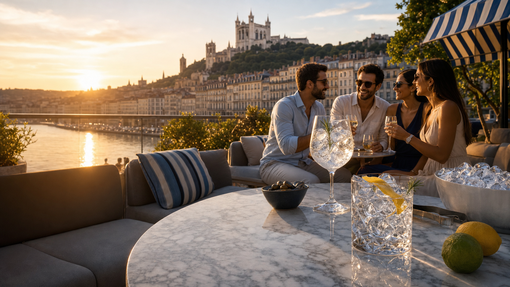 Terrasse lyonnaise avec verres et glaçons premium au coucher du soleil
